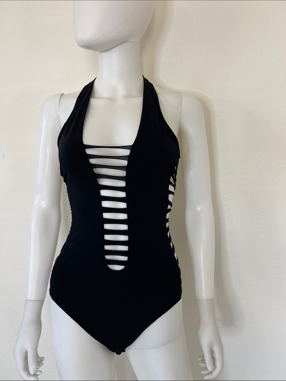Black Strappy Halter One-Piece top with Ladder Cutouts
